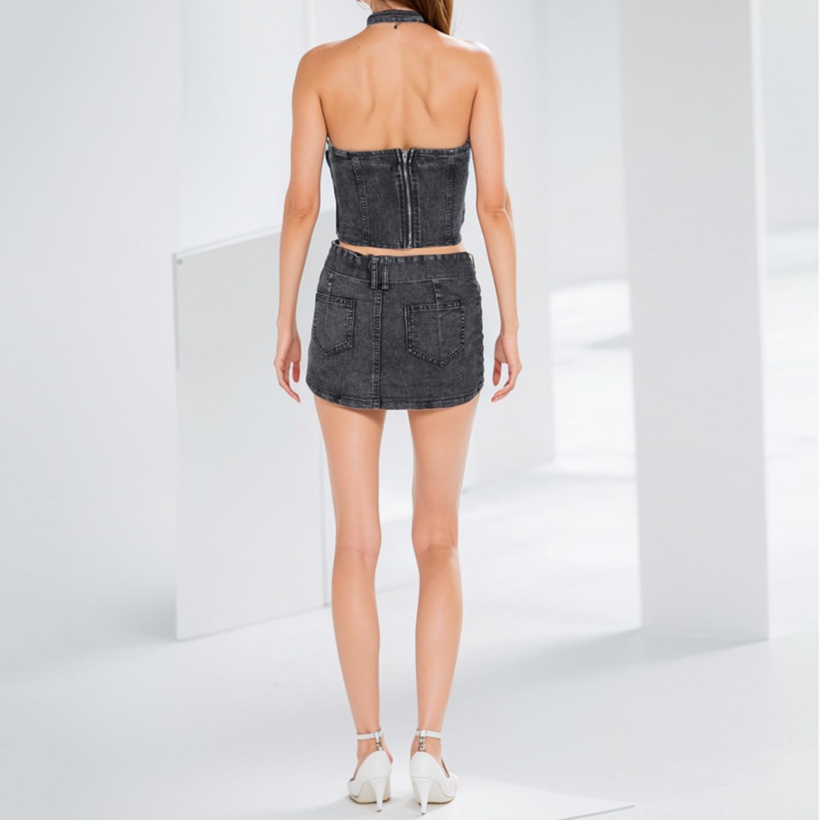 Set Gonna Da Donna in 2 Pezzi Allacciatura Alla Caviglia Con Spalle Scoperte Top Corto Gonna Corta Jeans Completo in Denim