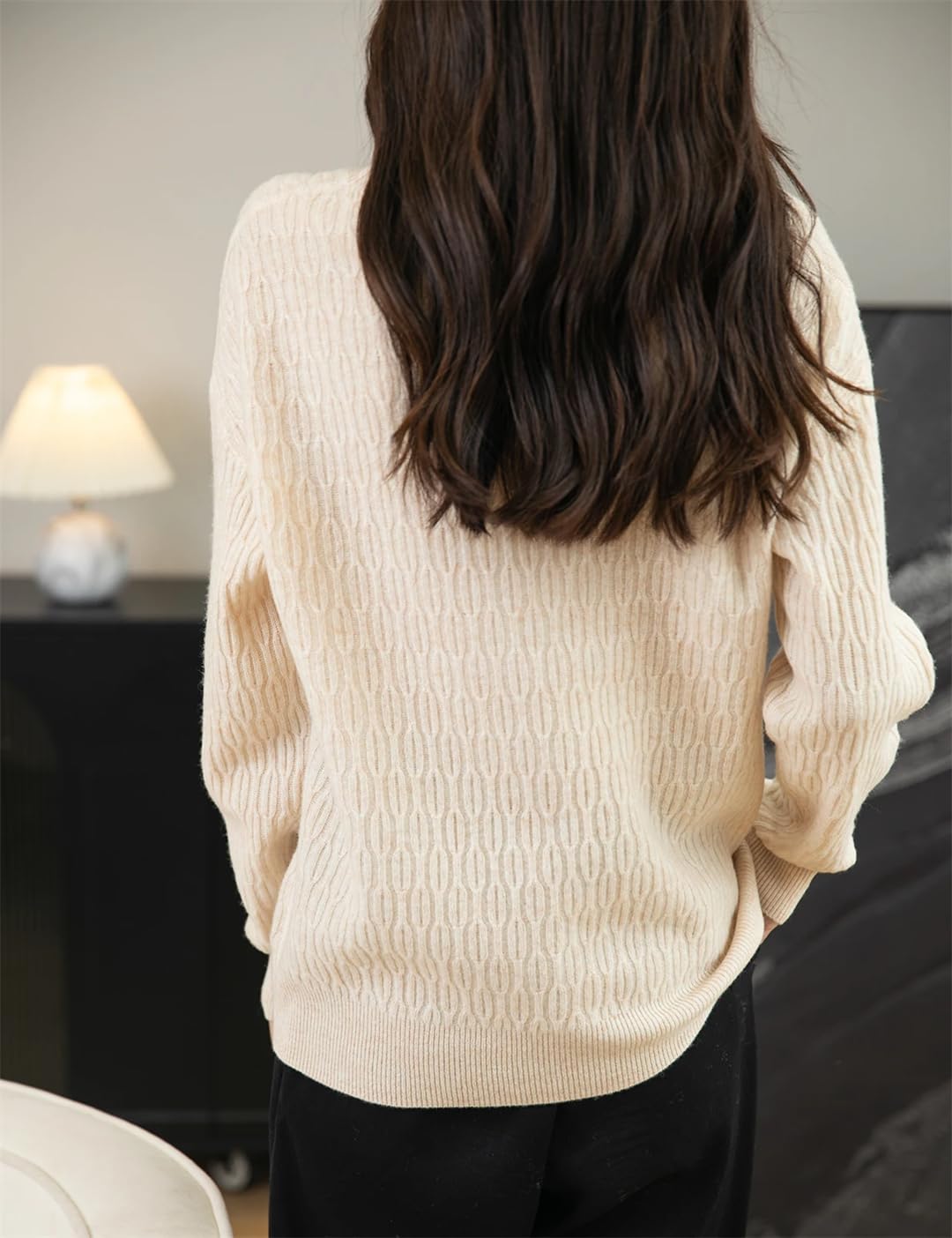 Damski sweter z mieszanki wełny z okrągłym dekoltem sweter z długim rękawem sweter ciepły dzianinowy solidny sweter, BEŻOWY, M