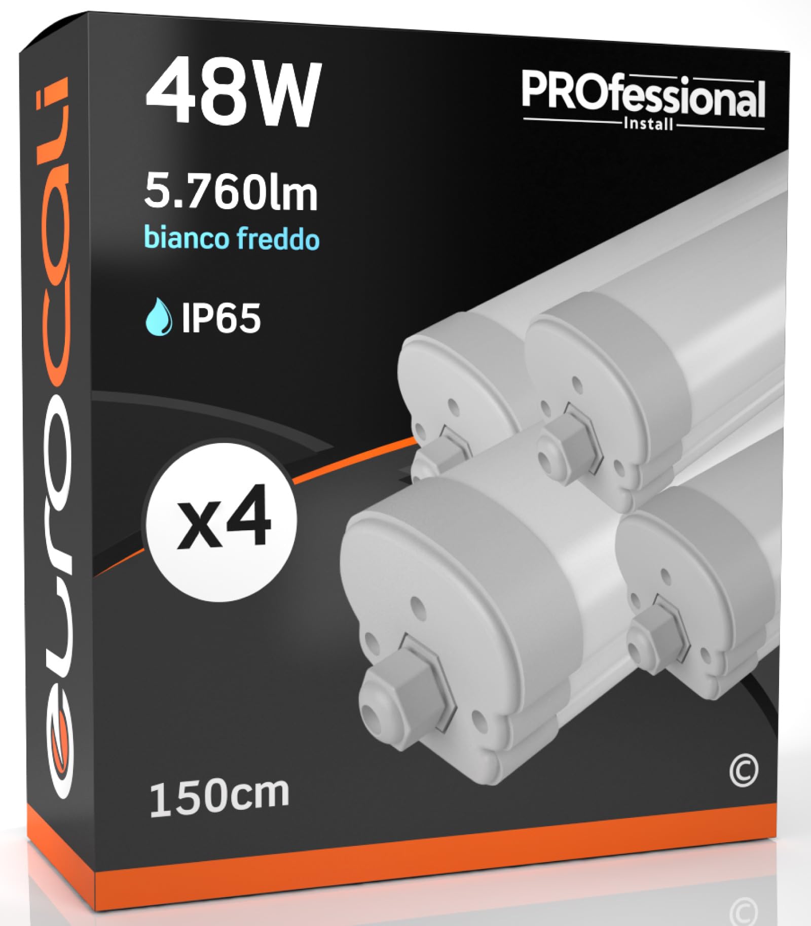 Eurocali 4x Plafoniere LED a Tubo 48W 150cm Impermeabili IP65 5760 lumen Luce Bianco Freddo 6500K - Fascio Luminoso 120°