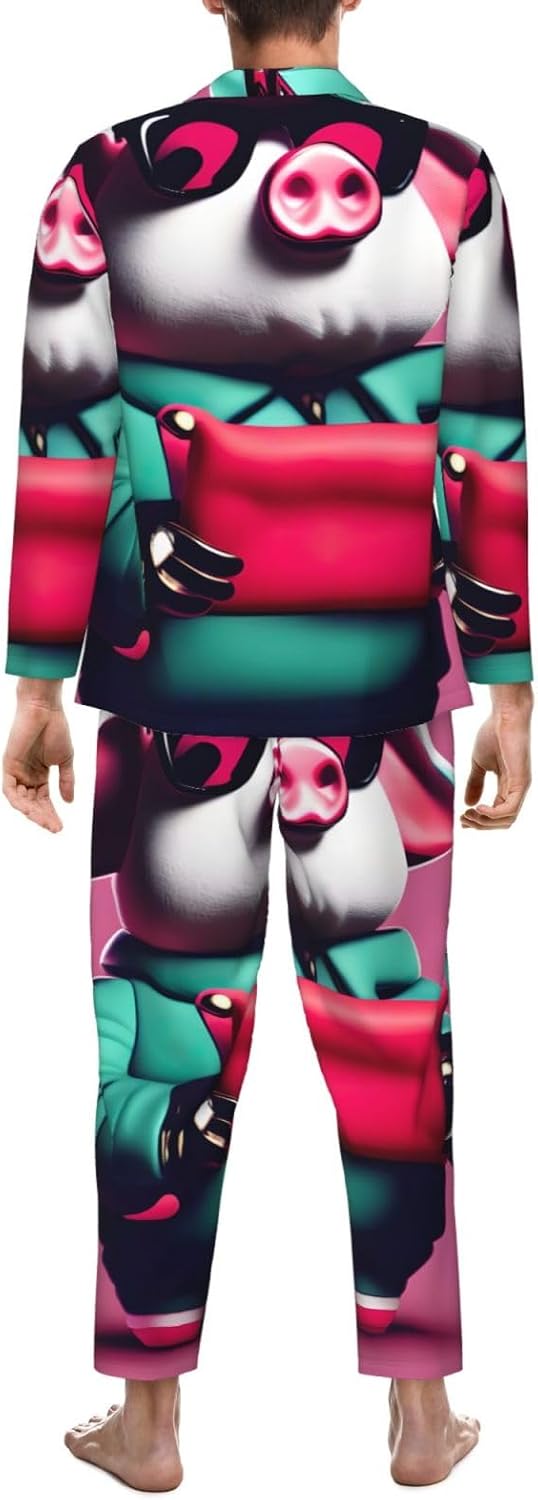 Piggy Print Luxurious Mens Pajamas Set,Soft Breathable Pajamas, Perfect For Winter Christmas