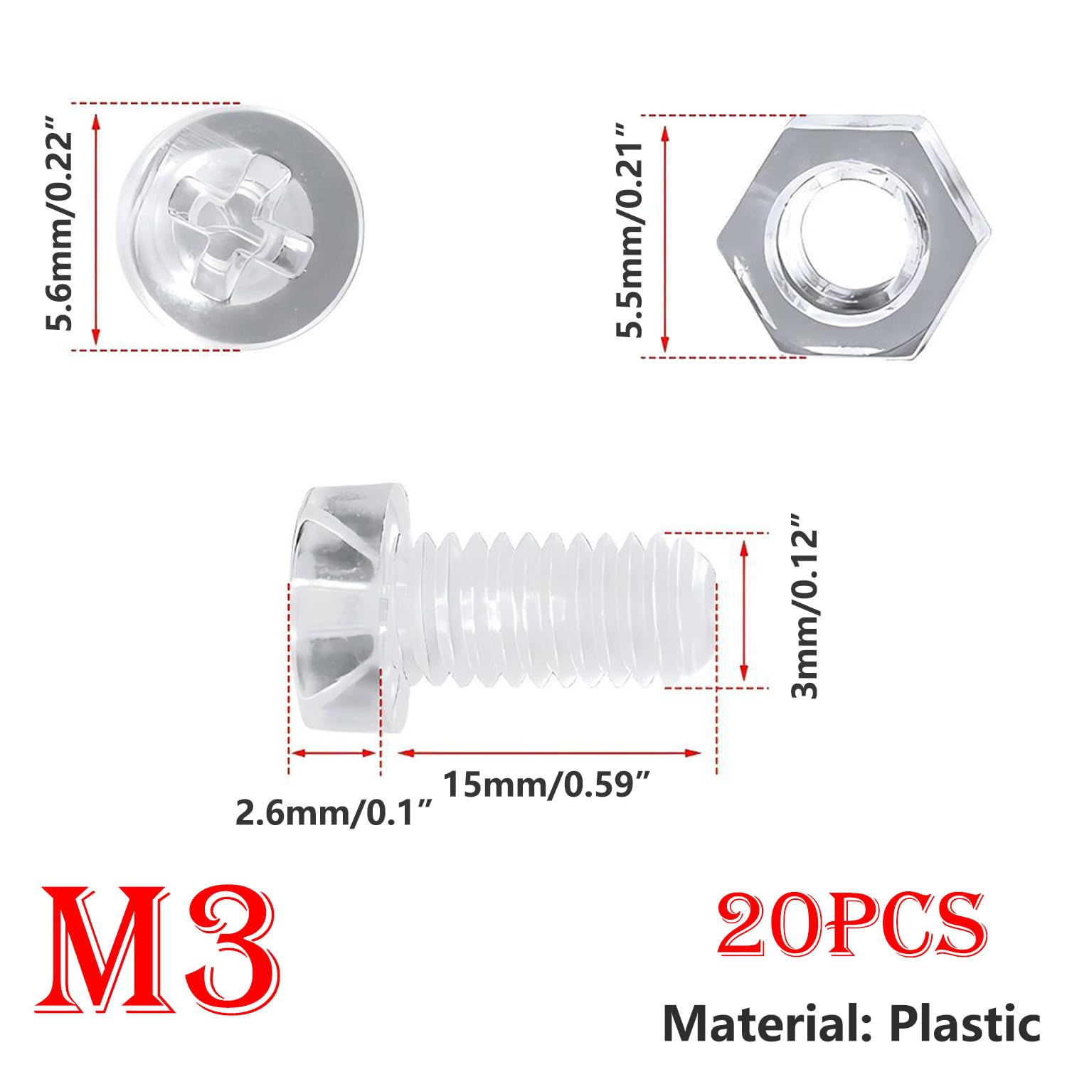 Qrity 20 Pezzi Viti Bulloni e Dadi Kit M3x15mm Viti a Croce, M3 Dadi Esagonali, Plastica Acrilica Trasparente, per Macchinari, Elettronica
