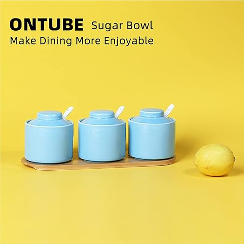 Miniatura 10 de ONTUBE Juego de 3 tarros de cerámica para condimentos con bandeja, olla de condimentos con cuchara y tapa, caja de condimentos, azucarero, 8 onzas