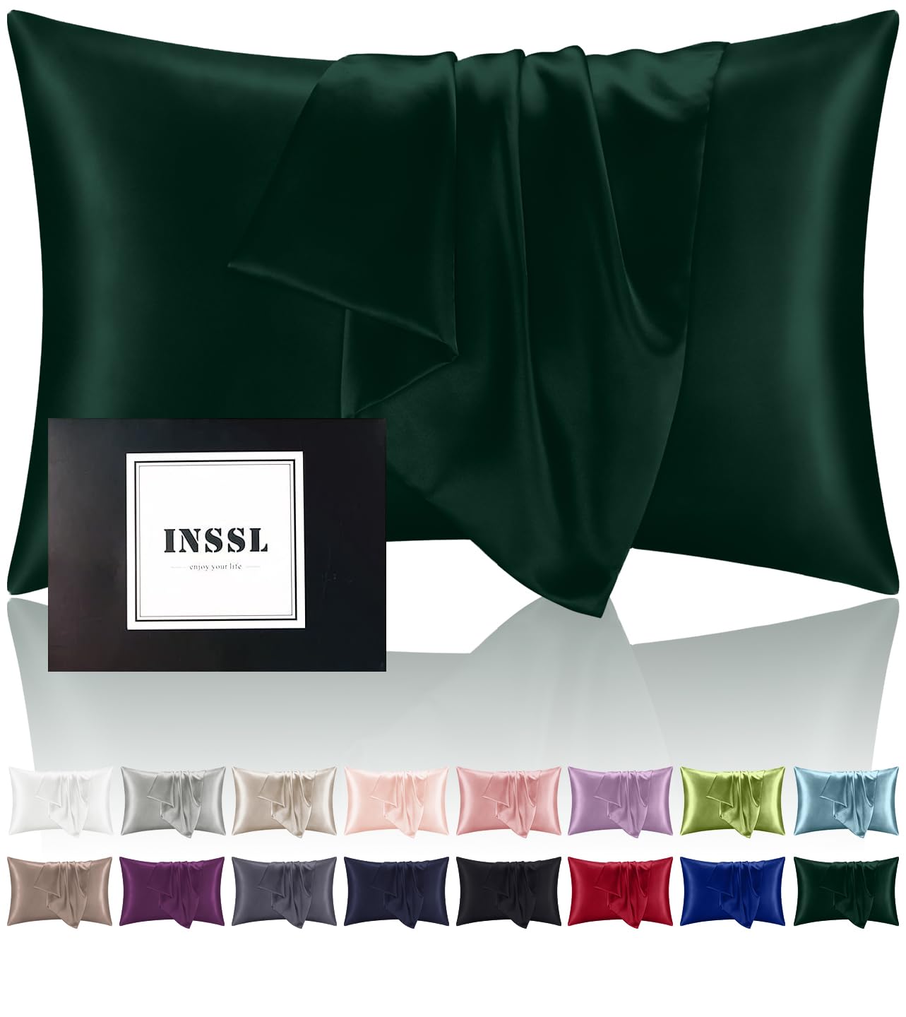 INSSL Silk Pillowcase for Women, Mulberry Silk Pillowcase for Hair an Skin and Stay Comfortable and Breathable During Sleep(Dark Green,Standard)