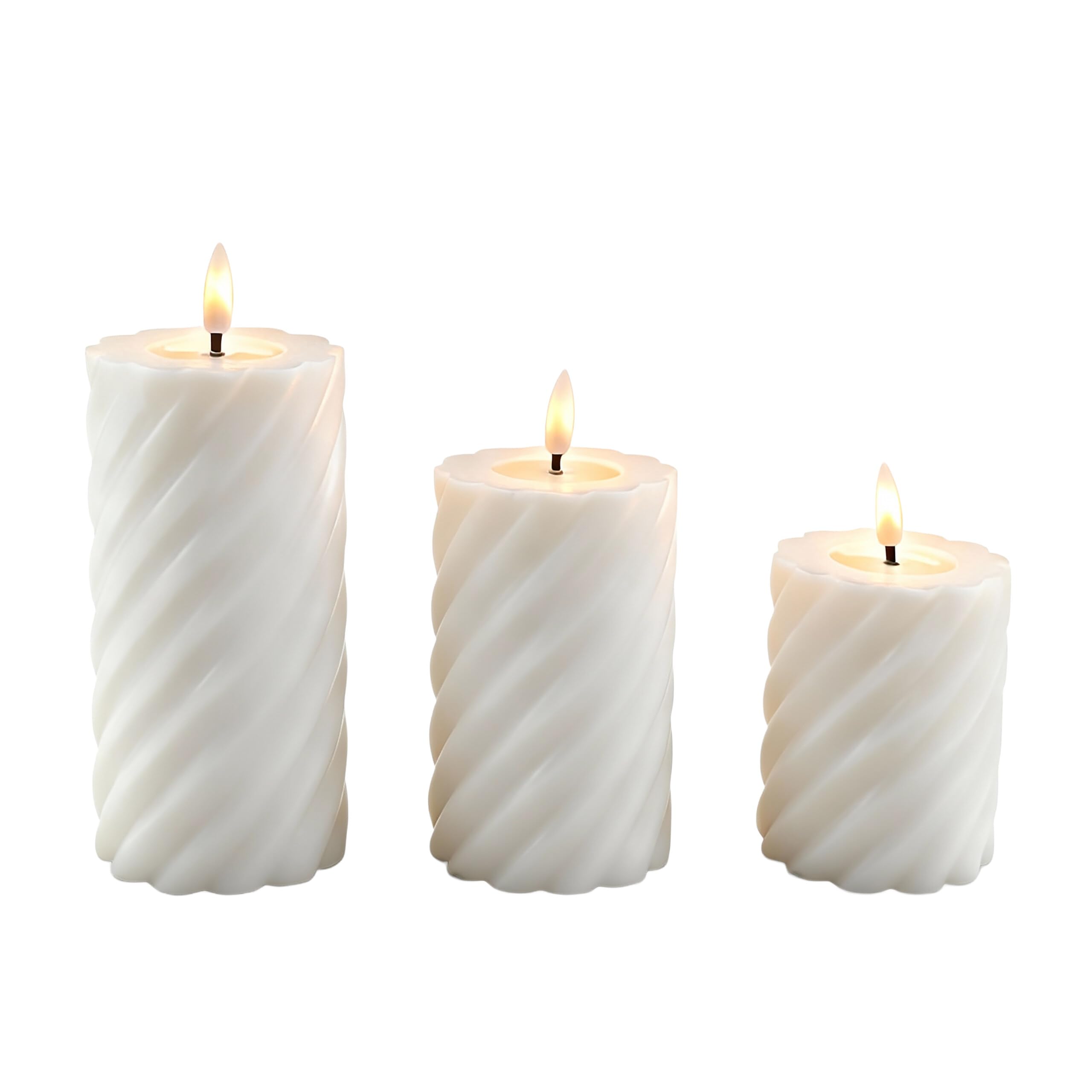 Relaxdays LED Flameless Candles Set of 3, Flickering Flames, Real Wax, Twisted Design, White, 18.5 x 7.5 x 7.5 cm
