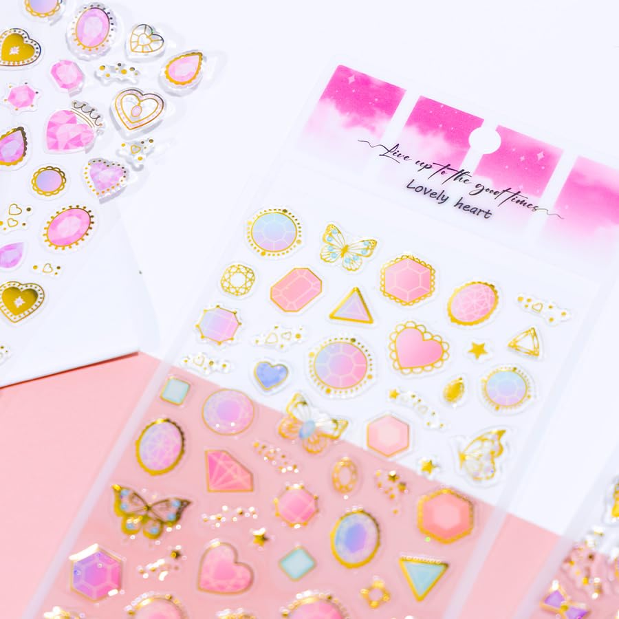 Image of Aesthetic Gem & Heart Stickers Set - Luxury Crystal Style Decorative Stickers for Journaling, Scrapbooking, Planner Decoration, Nail Art & DIY Crafts (Pastel & Gold Foil Designs)
