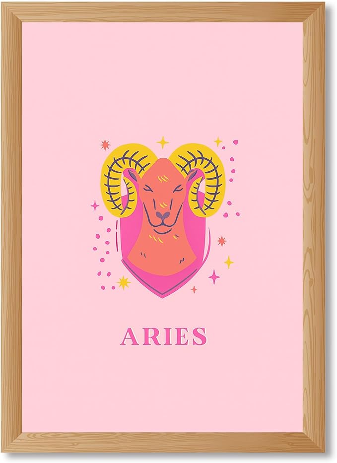 Framed Aries Zodiac Sign Canvas Print Art Funky Wall Art Painting Cute Wall Decoration Aries Zodiac Poster for Bedroom Home Decor Trendy Art Print Pictures Dorm Room Wall Decor (Wood Framed,12L x16W)