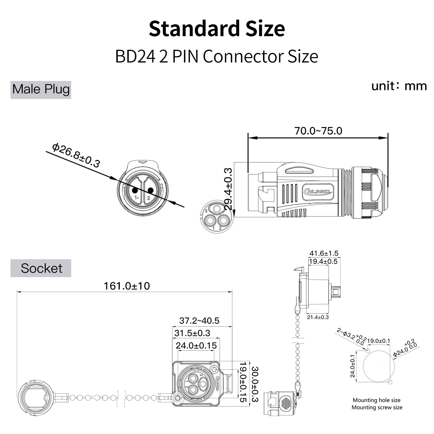 CNLINKO BD-24 Connecteur circulaire industriel imperméable IP68, 2 Broches | Connecteurs de prise encastrés, Connecteurs à boîtier métallique, M24 Prise à bride (2 Broches)