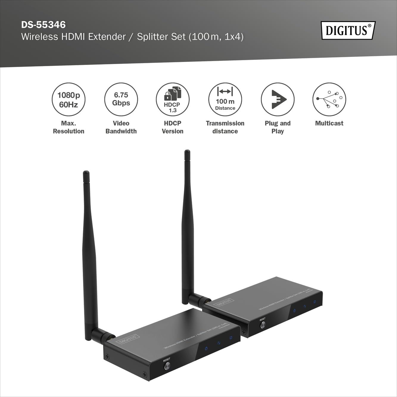DIGITUS Wireless HDMI Extender Splitter (1x4) – Full HD 1080p 60 Hz | 100 m Reichweite – Set aus Transmitter und Receiver – Loop-Out, IR Infrarot – HDMI 1.4 HDCP 1.3