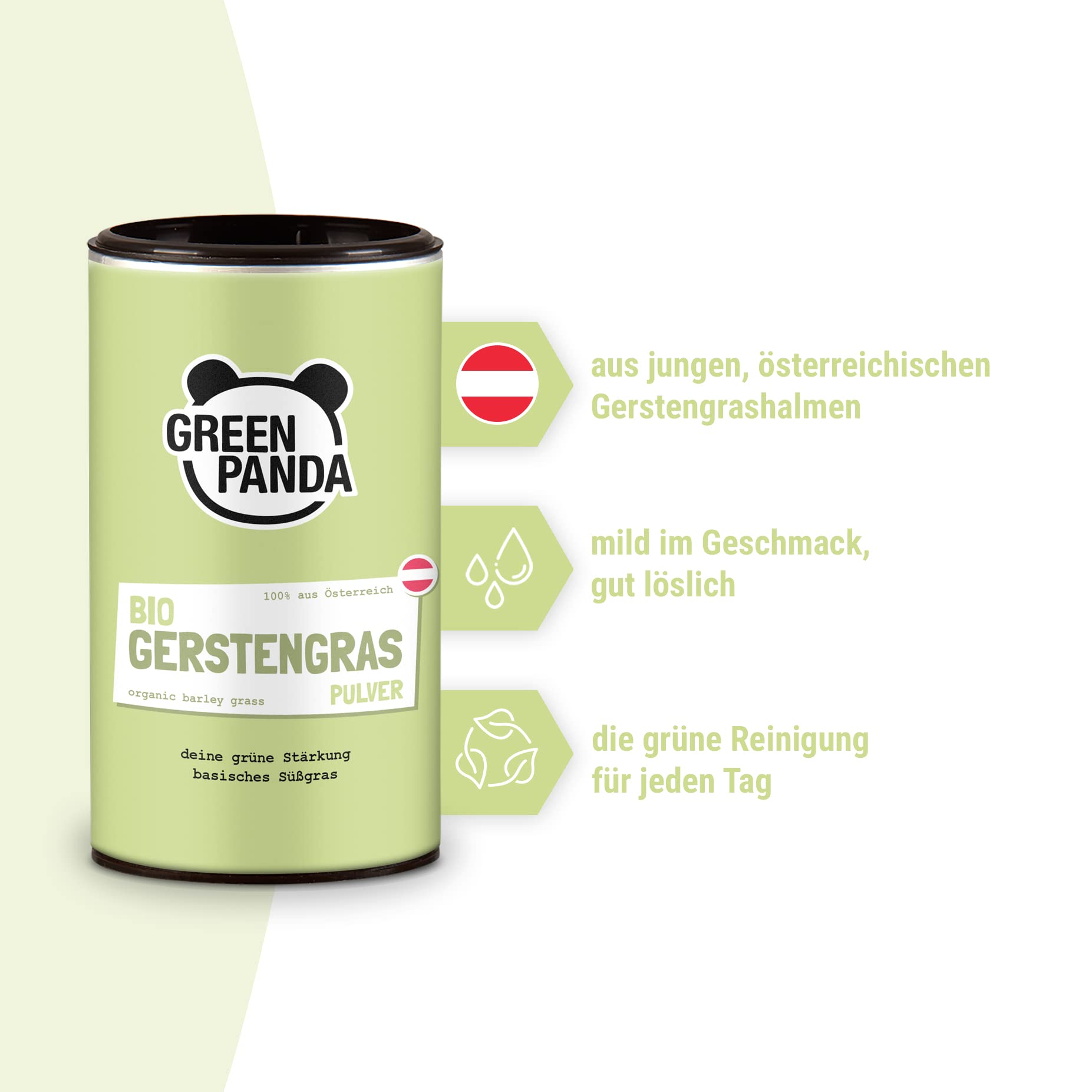 GREEN PANDA® Polvere di erba d'orzo biologica dall'Austria, succo di erba d'orzo in polvere per frullati verdi, frullati in polvere super verde, clorofilla da bere, in scatola sostenibile in cartone