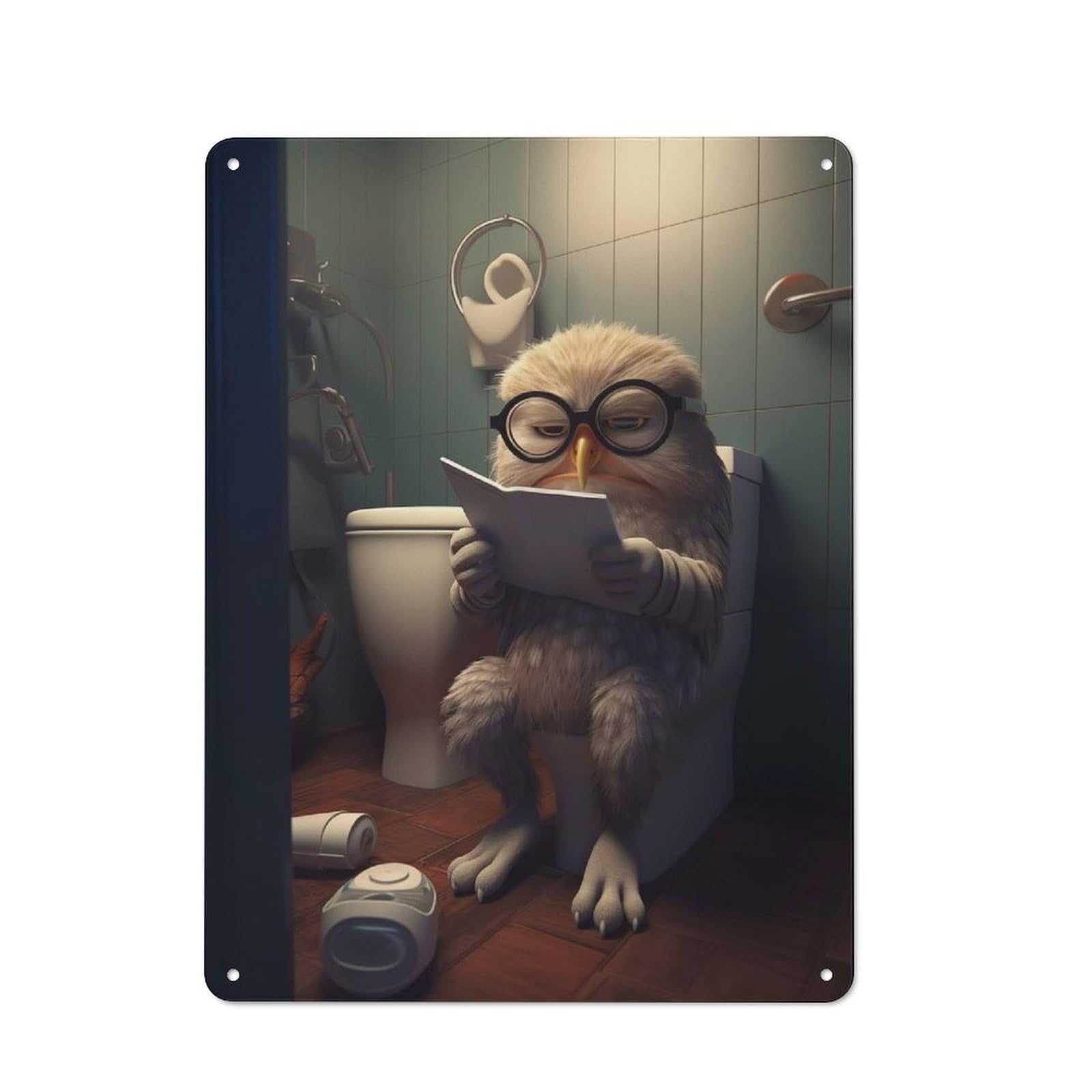 Owl Reading on Toilet Warehouse Style Metal Wall Decor 40x30cm, Industrial Metal Sign for Workspace, Cafe, Hallway Or Garage