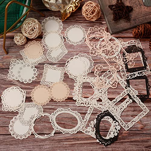 DREMISI 40 Pcs Vintage Scrapbooking Supplies Lace Scrapbook Paper Scrapbook Cutouts Flower Frame Cutout Decorative Paper Junk Journaling Supplies Aesthetic Stationery Craft Supplies(Lace & Flower)
