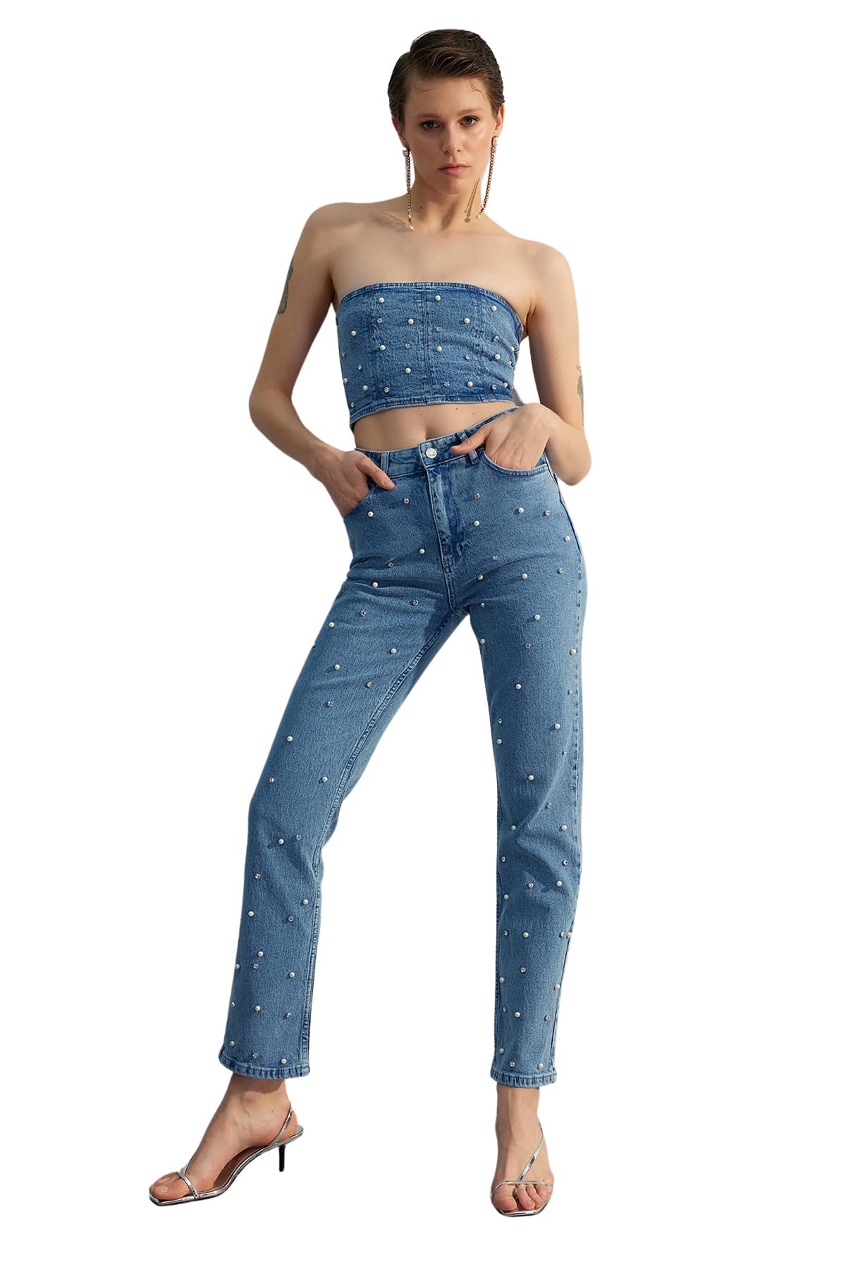 Trendyol Women's Damen Gerade Hohe Taille Jeans, Blue, 16