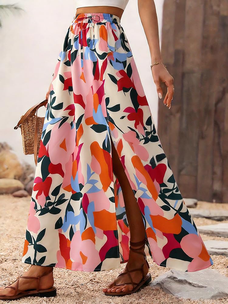 ABINGOO Jupe Longue Femme Taille Haute Elastique A-Ligne Imprimé Fleur Bohème Décontractée Plage Jupe avec Fente Latérale
