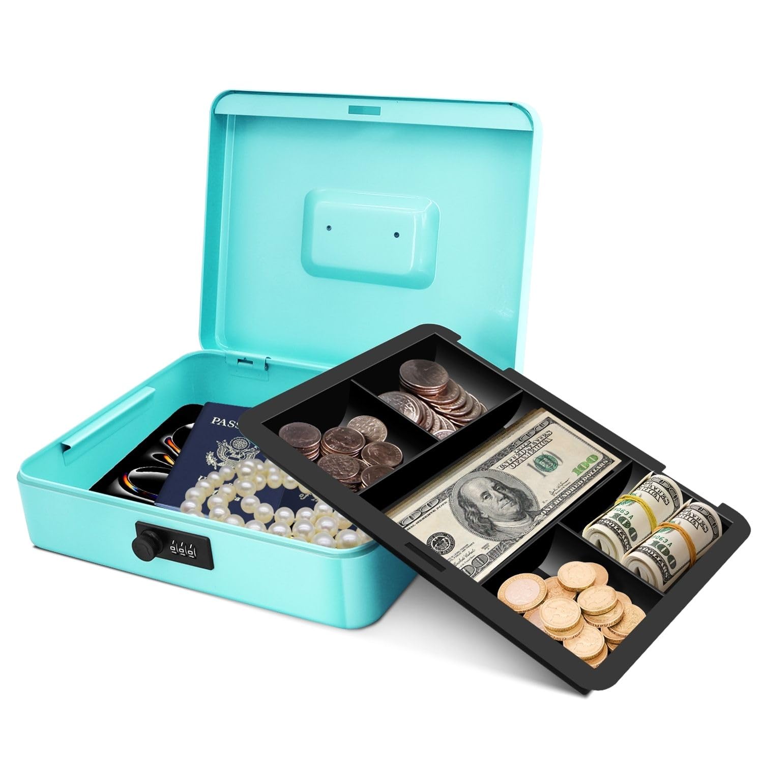 Flexzion Blue Metal Cash Box With Combination Lock - 5-Compartment Petty Cash Box With Money Tray And Lock For Small Business - Removable Money Tray For Bills, Checks & Coins, 11.8"X 9.4"X 3.5",