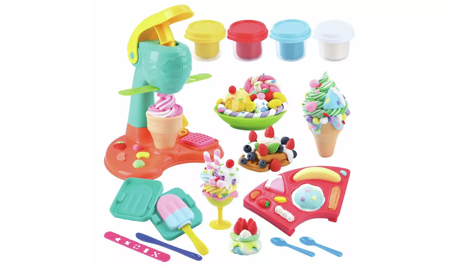 Chad Valley Dough Ice-Cream Making Playset * Includes 1 Machine, 1 Dish, 2 Spoons, 1 Knife, 2 Long Stencils, 1 ice Cream Mould, 1 Set Popsicles Mould, 1 Cup, 2 Cones, 1 Popsicles Stick, Dough *