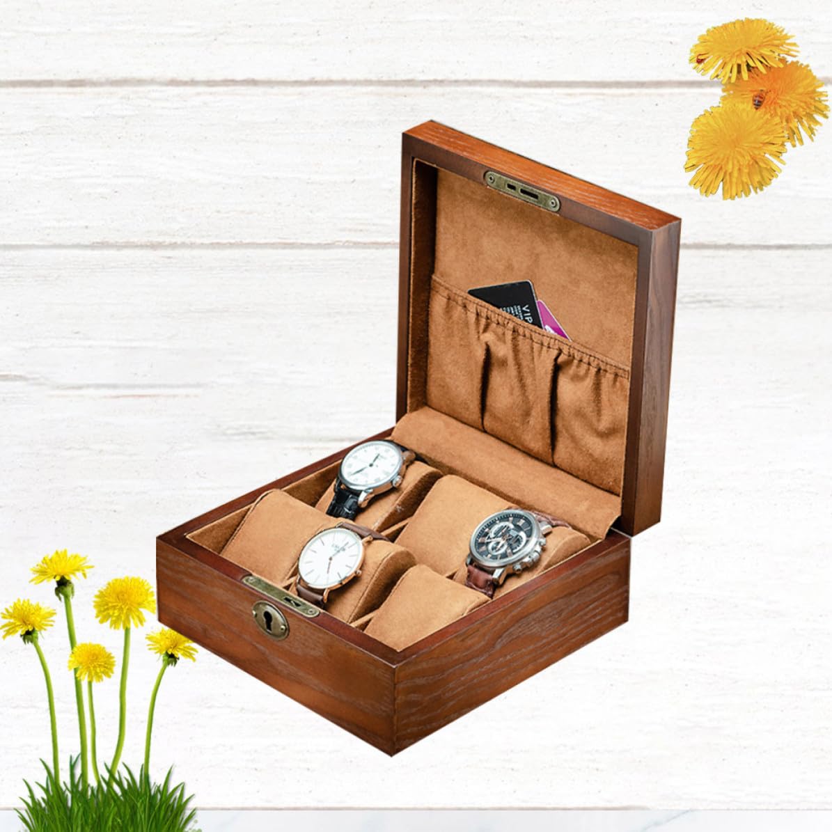 BESTOYARD Uhrenbox für Aufbewahrung mit Schloss Holz Braune und 6 Fächern | Quadratische Form, Displaybox für Armbanduhren, für Zuhause und Geschäft
