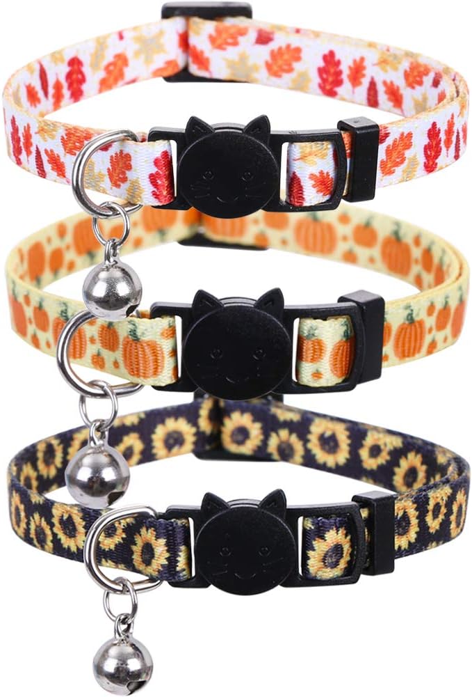 Lamphyface 3 Pack/Set Thanksgiving Day Cat Collar Breakaway Bell Fall Autumn for Kitty Adjustable Safety
