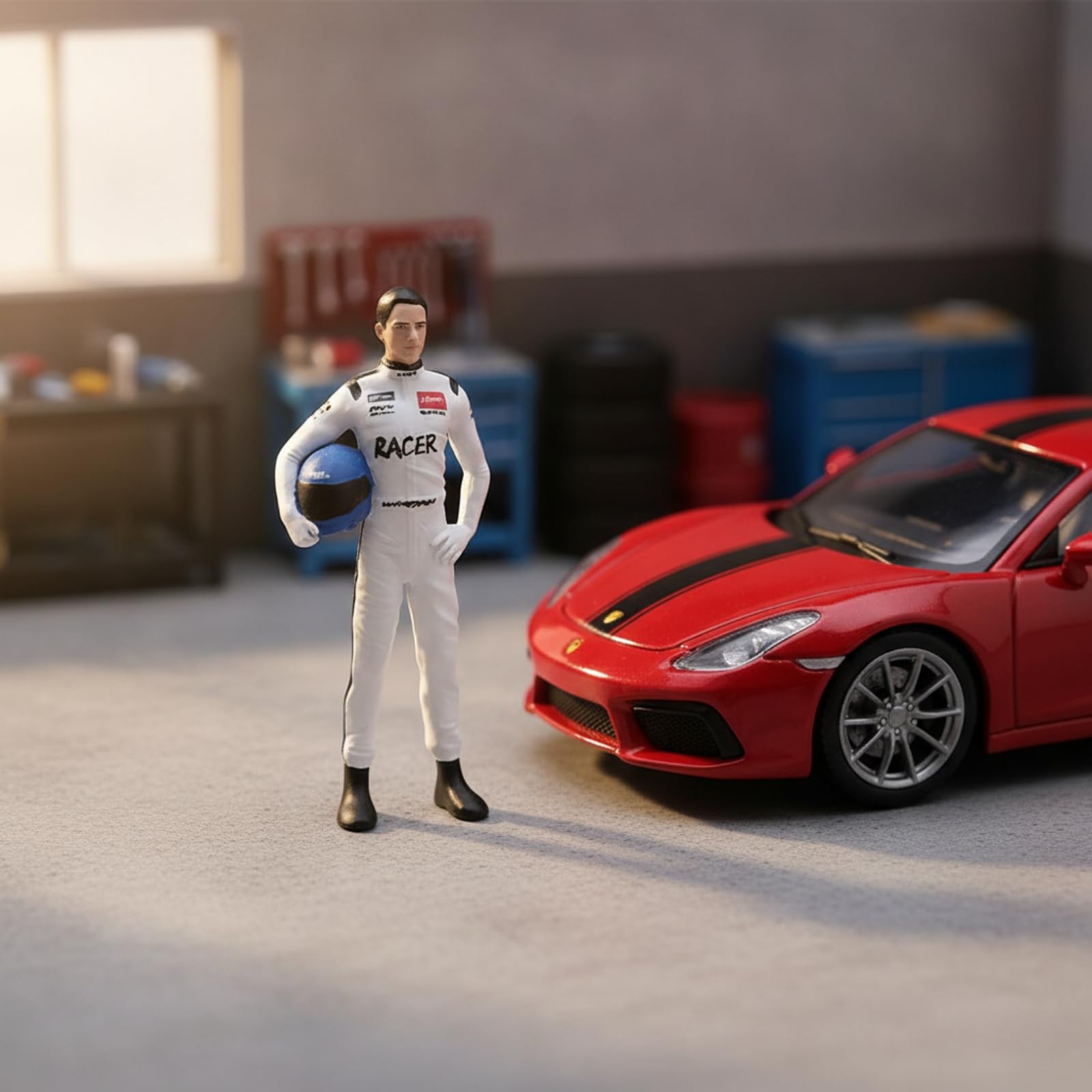 Driver Miniature Figura de Carreras Muñeco Coleccionable Estatuilla Resina Finos y Acabado Realista Adecuado para Estantería Escritorio Escena de Maqueta