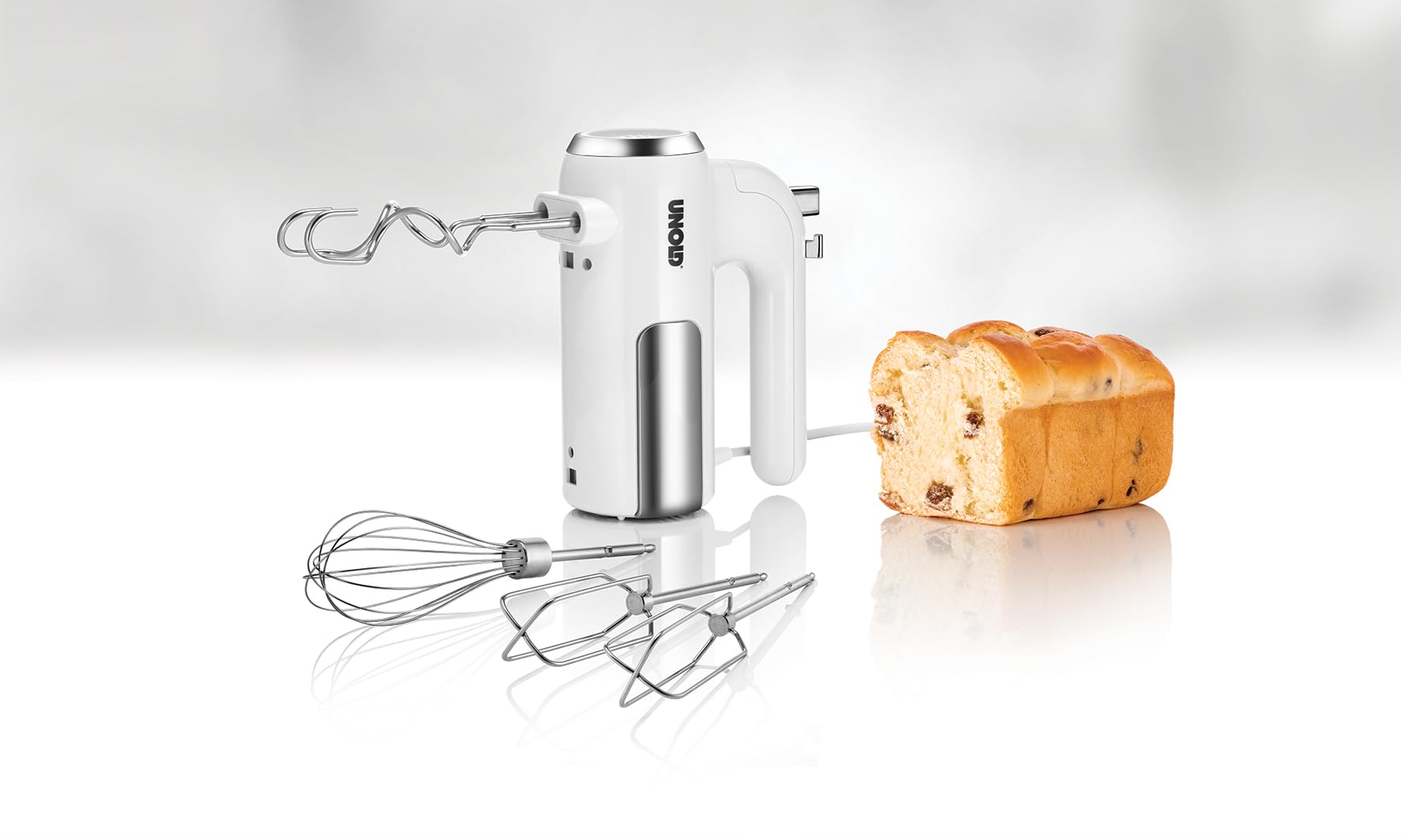 Unold 78710 Handmixer - Mixer, Weiß, 450W, Edelstahl, BPA-frei, spülmaschinengeeignet, 5 Geschwindigkeitsstufen, Aufschlagen, Rühren, Kneten, Auswurftaste, Sahne schlagen, Kuchen- und Brotteig rühren