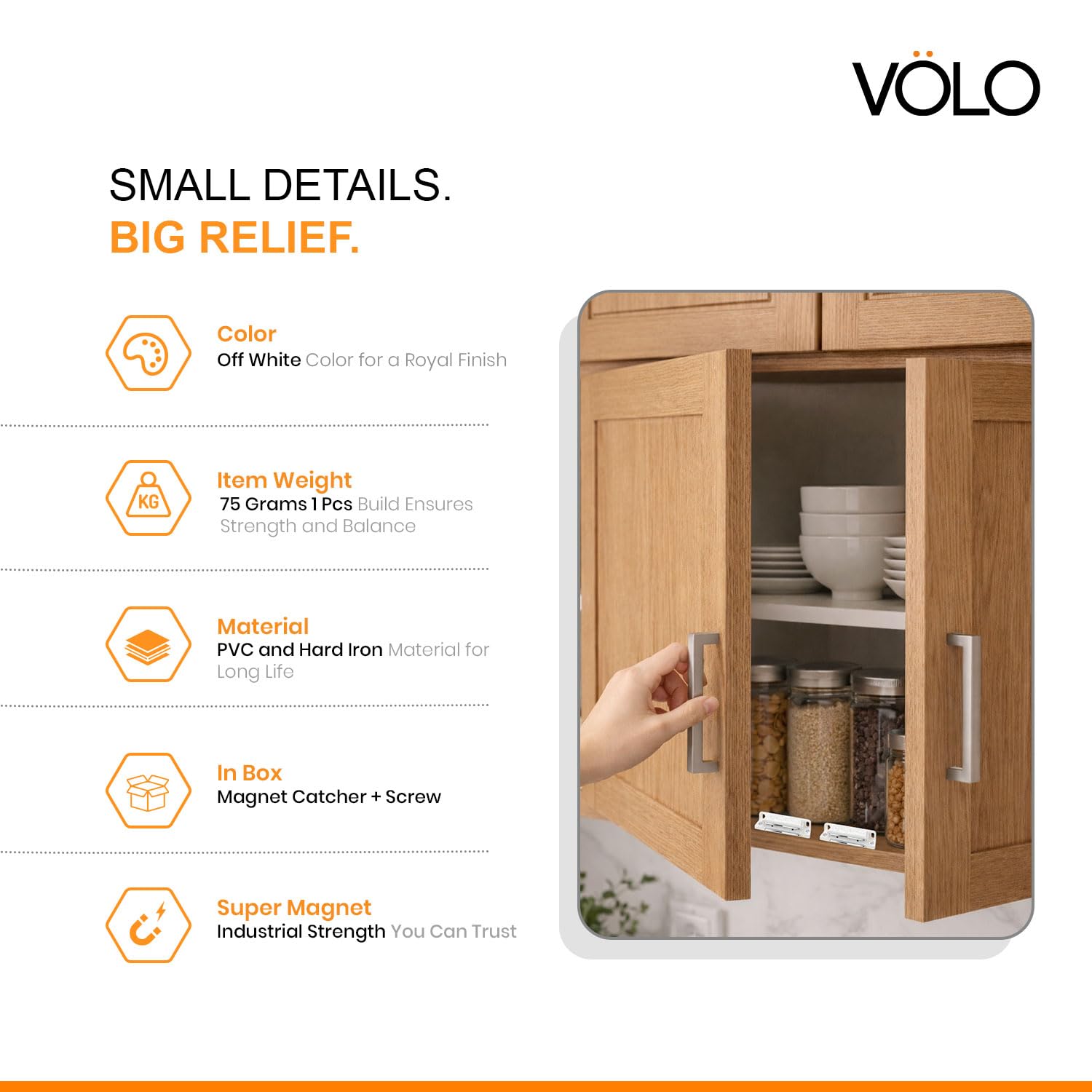 VOLO Pack of 5 Cabinet Magnetic Door Catcher – Strong PVC Door Magnet, Silent Door Closing, Cupboard Wardrobe Kitchen Door Catcher White 3