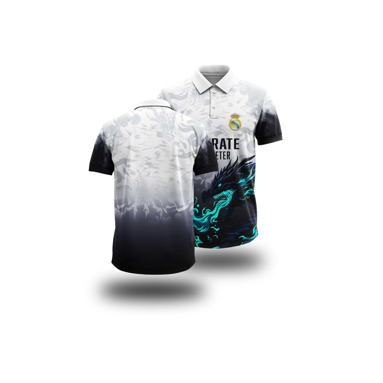 Dragon Jersey Polo Shirt with Gradient Design, Short Sleeve Collared Sports Shirt with Dragon Print