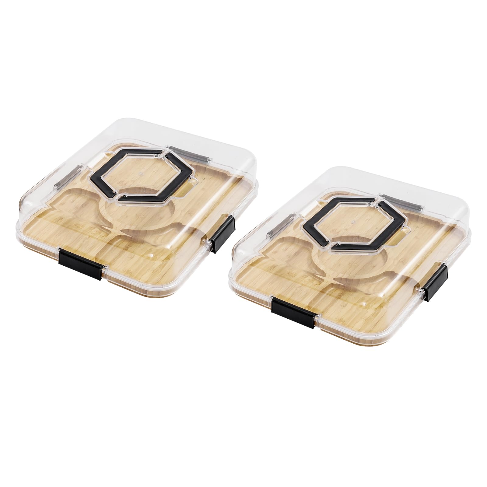 2 tablas de queso con tapa, bandeja para servir a madera de bambú, bandeja multifuncional con asa, tabla de charcutería para comida familiar, reunión, picnic, 35,3 x 28,3 cm (5 cuadrículas)