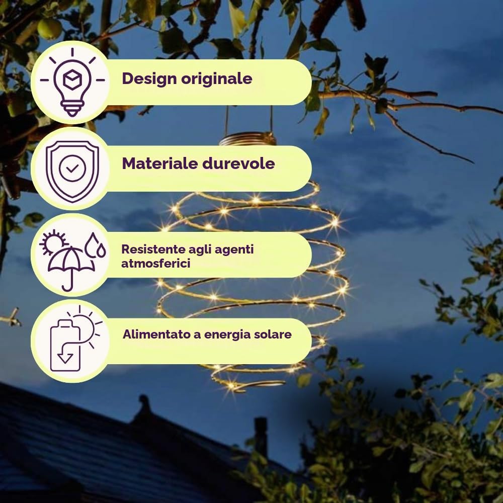 Garden Mile Lampada solare a LED da appendere a spirale Lanterna a spirale Luci solari da giardino Illuminazione da giardino per feste di nozze Lanterne da giardino a spirale a energia solare
