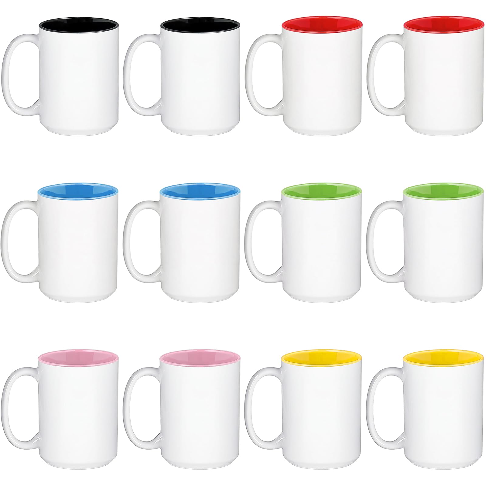 Set di 12 tazze bianche da 15 once con interno colorato - Tazze in ceramica personalizzabili per sublimazione - Tazze con manico per caffè, tè, latte, cioccolata calda, regalo fai da te