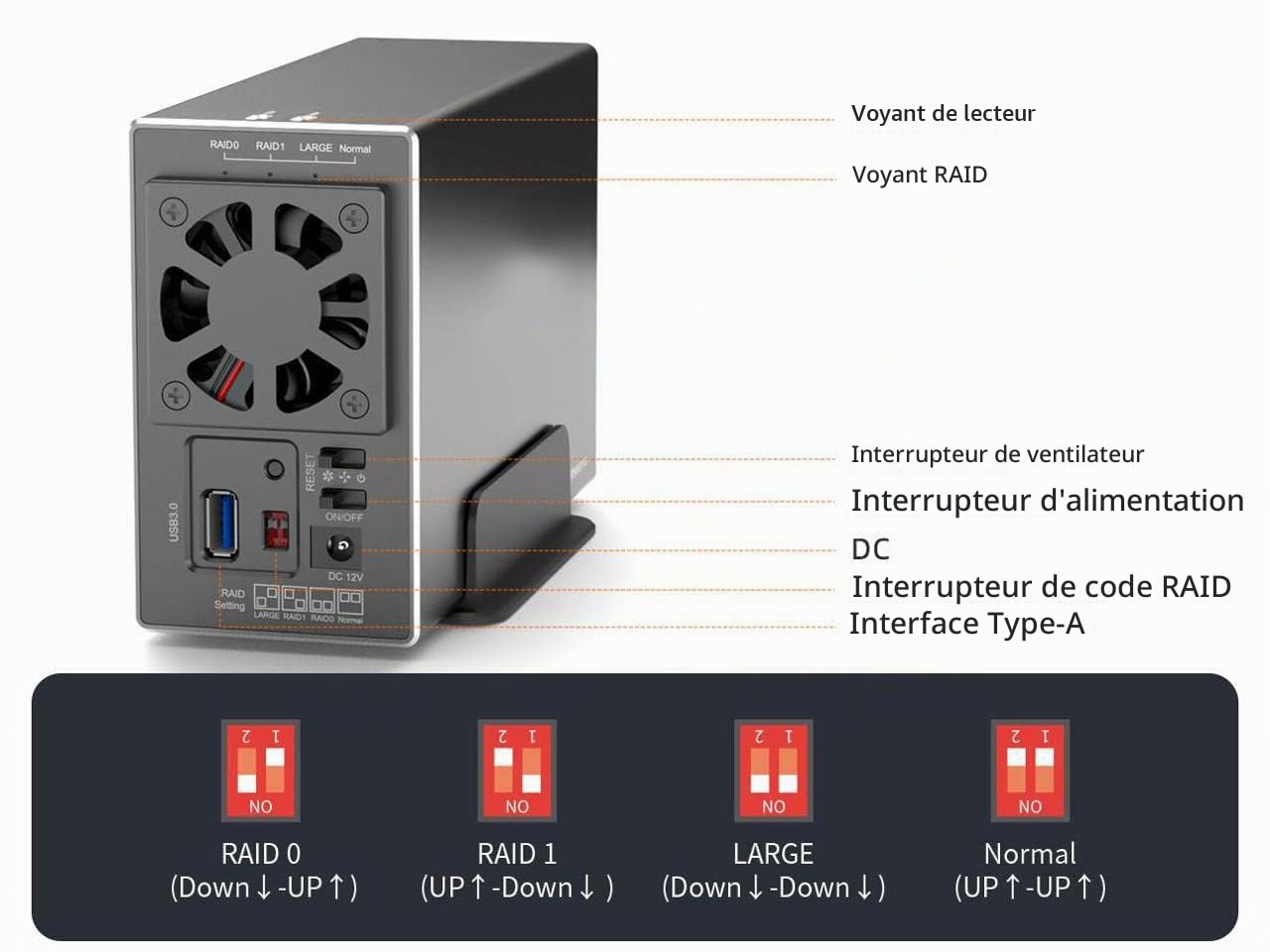 KALEA-INFORMATIQUE Boîtier Raid USB 3.0 pour 2 disques SATA | Boîtier baie USB 3.0 5 Gbit/s pour deux disques SATA, capacité jusqu'à 32 To et RAID matériel 0/1/0+1.