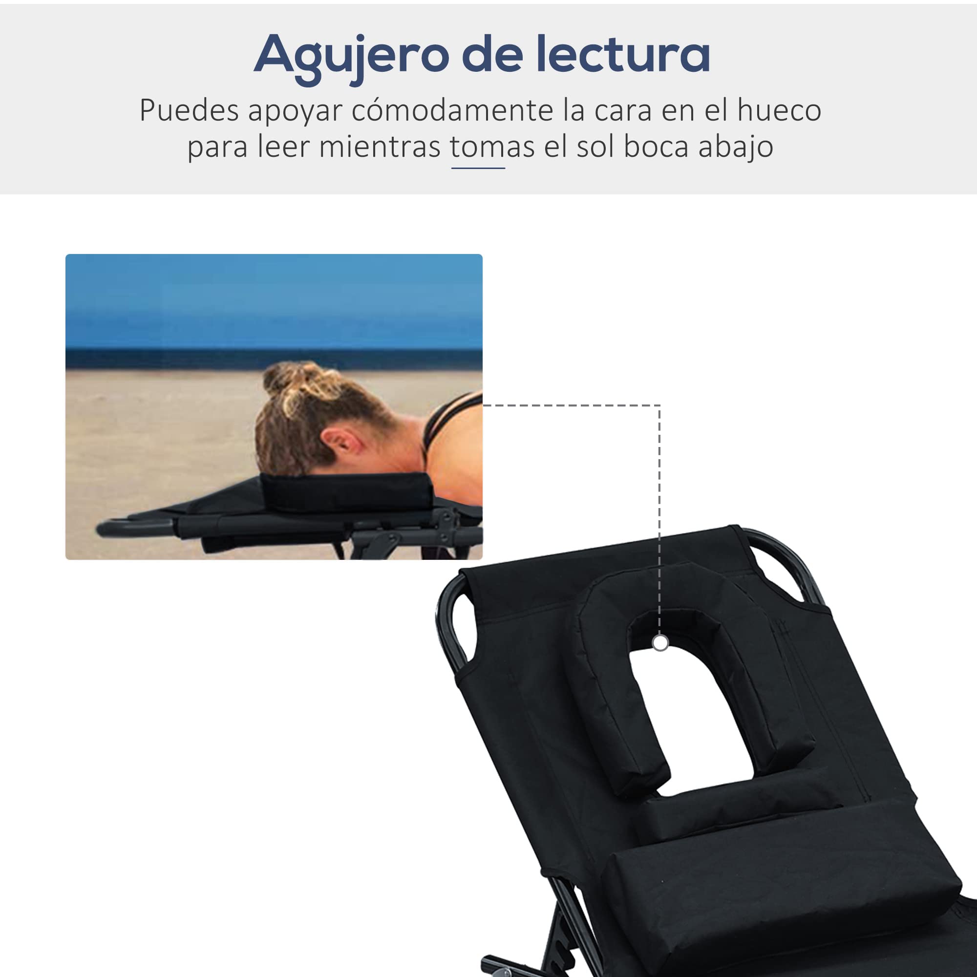 Tumbona Reclinable Acero Hamaca Plegable Playa con Almohada Masaje y Leer Negro