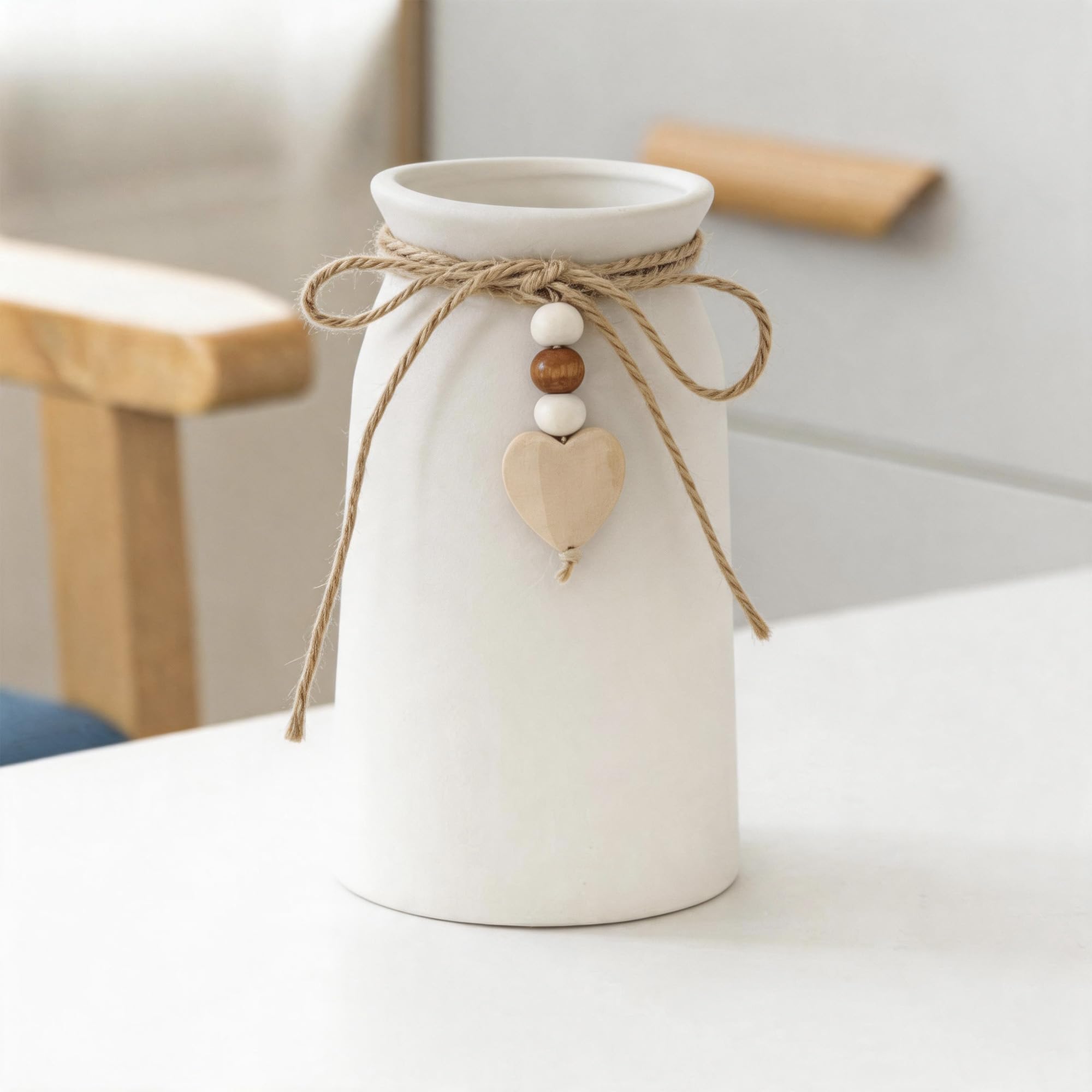 UoYeet15CM Ceramic Vase with Jute Rope & Heart Charm, Rustic Design Decorative White Vase for Home Décor & Table Centerpieces