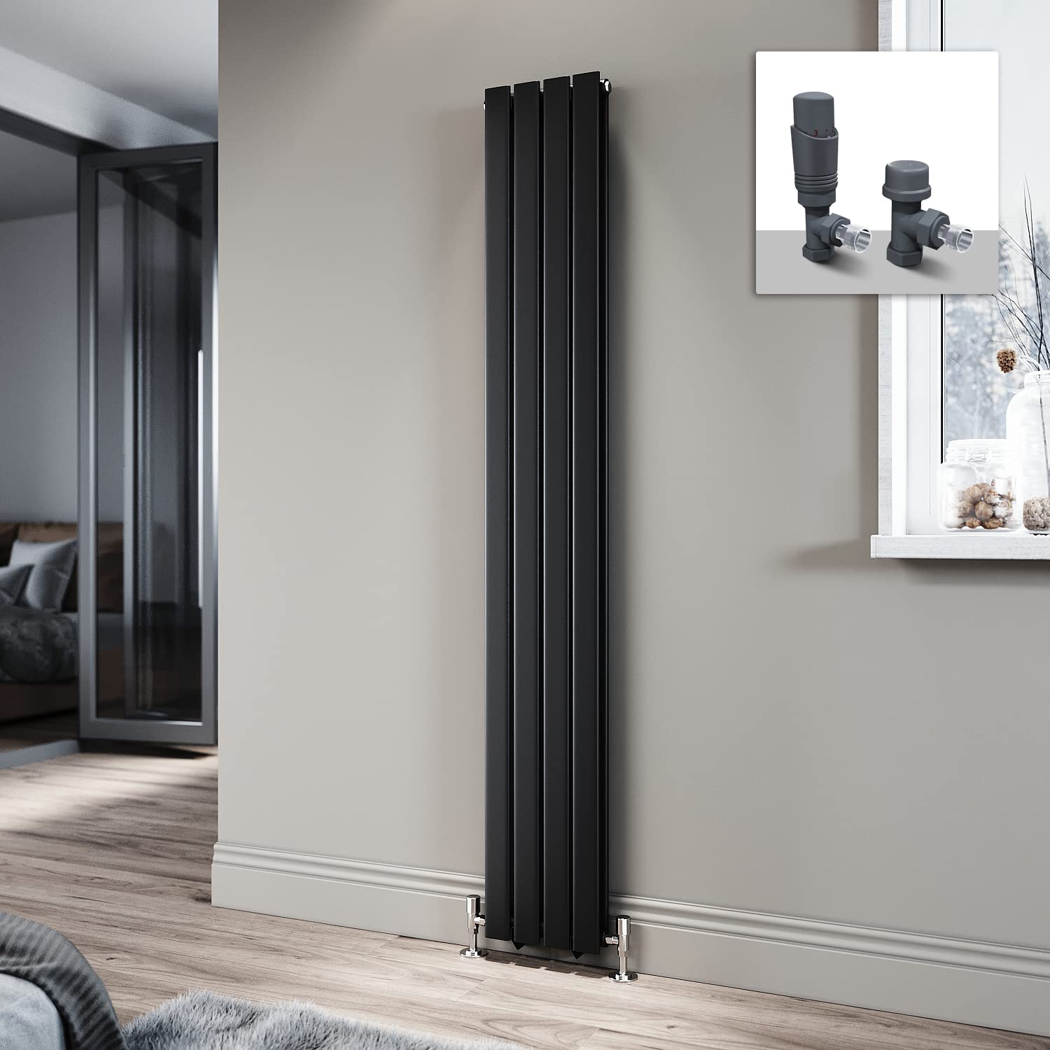 ELEGANT 1800 x 272mm Radiator Black Vertical Radiator Flat Panel Designer Radiator Double Panel Tall Upright Central Heating Radiator with Anthracite Thermostatic Valves