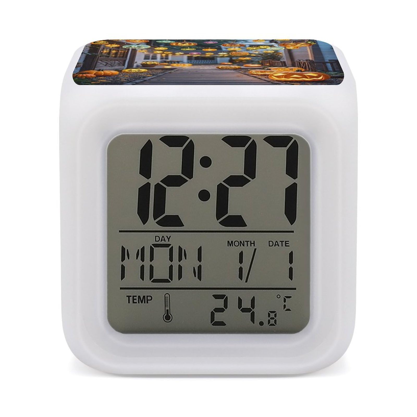 LZQPOEAS Pumpkin Skewers Alarm Clock Desk Clock with 7 Color Changing Night Light Digital Clocks with Temperature Display Sleep Training and Sound Machine for Heavy Sleeper