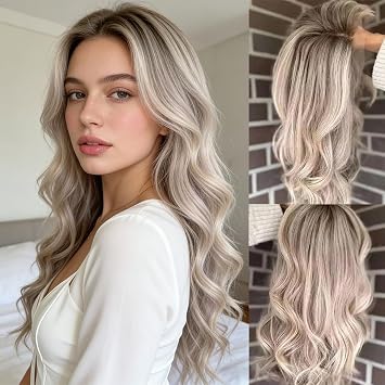 Ombre Highlight Ash Blonde Long Wavy Wigs with Dark Roots for Daily Use Glueless Loose Wave Synthetic Lace Front Wigs for Women Pre plucked Natural Hairline