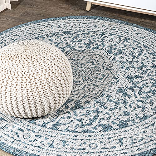 JONATHAN Y Medallion Weave Indoor Outdoor Round Area Rug 8 Ft Teal Blue/Gray, Sinjuri Textured for Backyard, Patio, Porch, Easy-Cleaning, High Traffic, Pet-Friendly, Non-Shedding (SMB101C-8R)