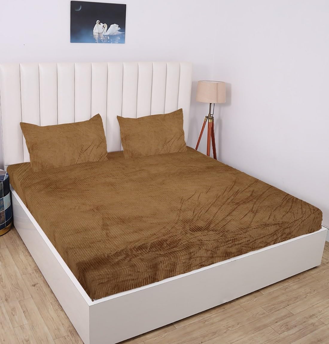 RD TREND 190 GSM Warm Flannel Elastic Fitted Striped bedsheets for Winter King Size(78X72X8 Inch) with 2 Pillow Cover Size 18x28 Inches Color-Mustard,Striped