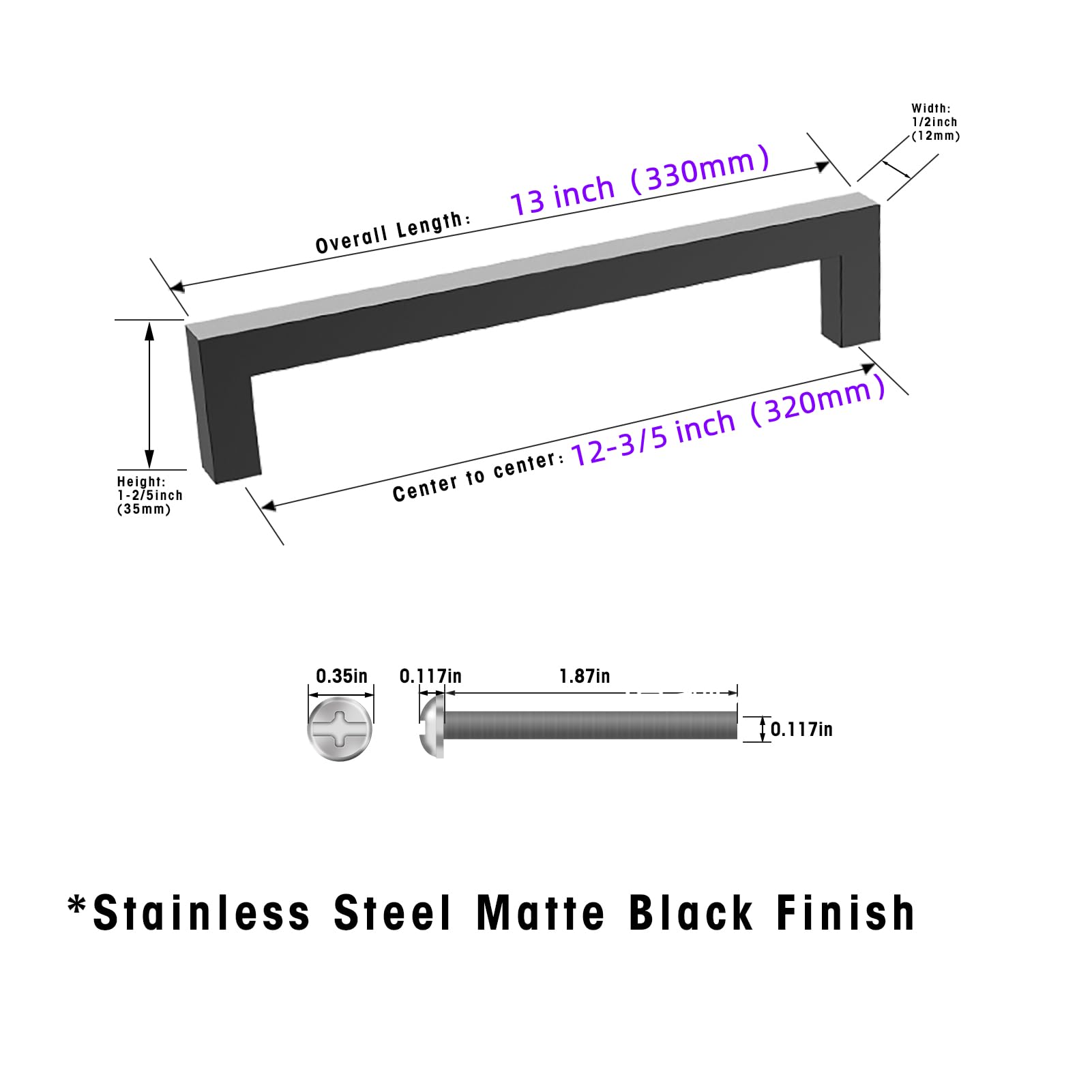 Schrankgriffe aus Edelstahl, quadratisch, Kommodengriffe, Schubladengriffe, 320 mm, mattschwarz, 20 Stück