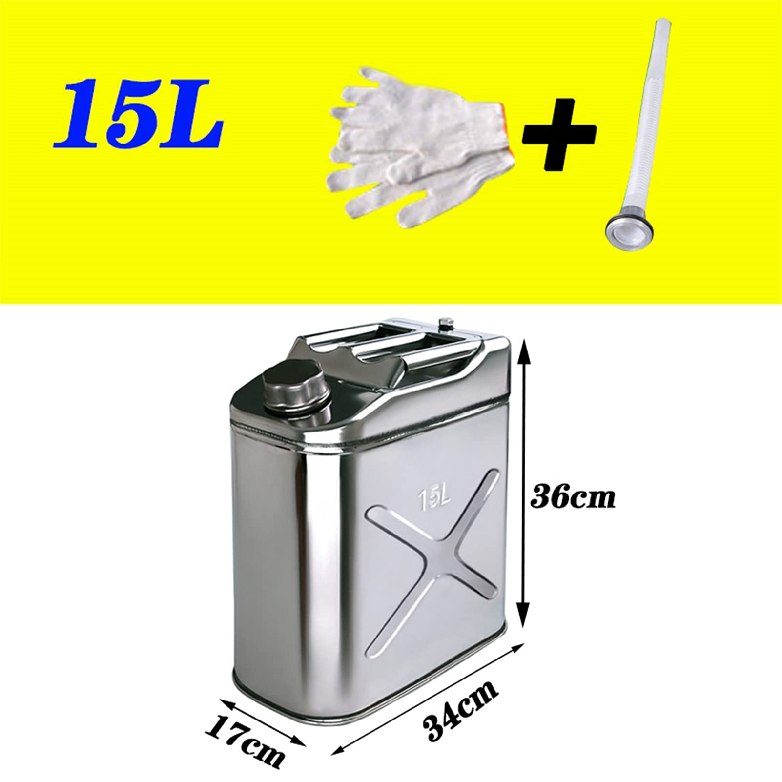 CGF- Taniche Carburante Tanica per stoccaggio Olio combustibile da 5 l, 10 l, 15 l Serbatoio Diesel Benzina con beccuccio, Spessore Corpo 1 mm, con 1 beccuccio X e Guanti (Acciaio Inossidabile 304)