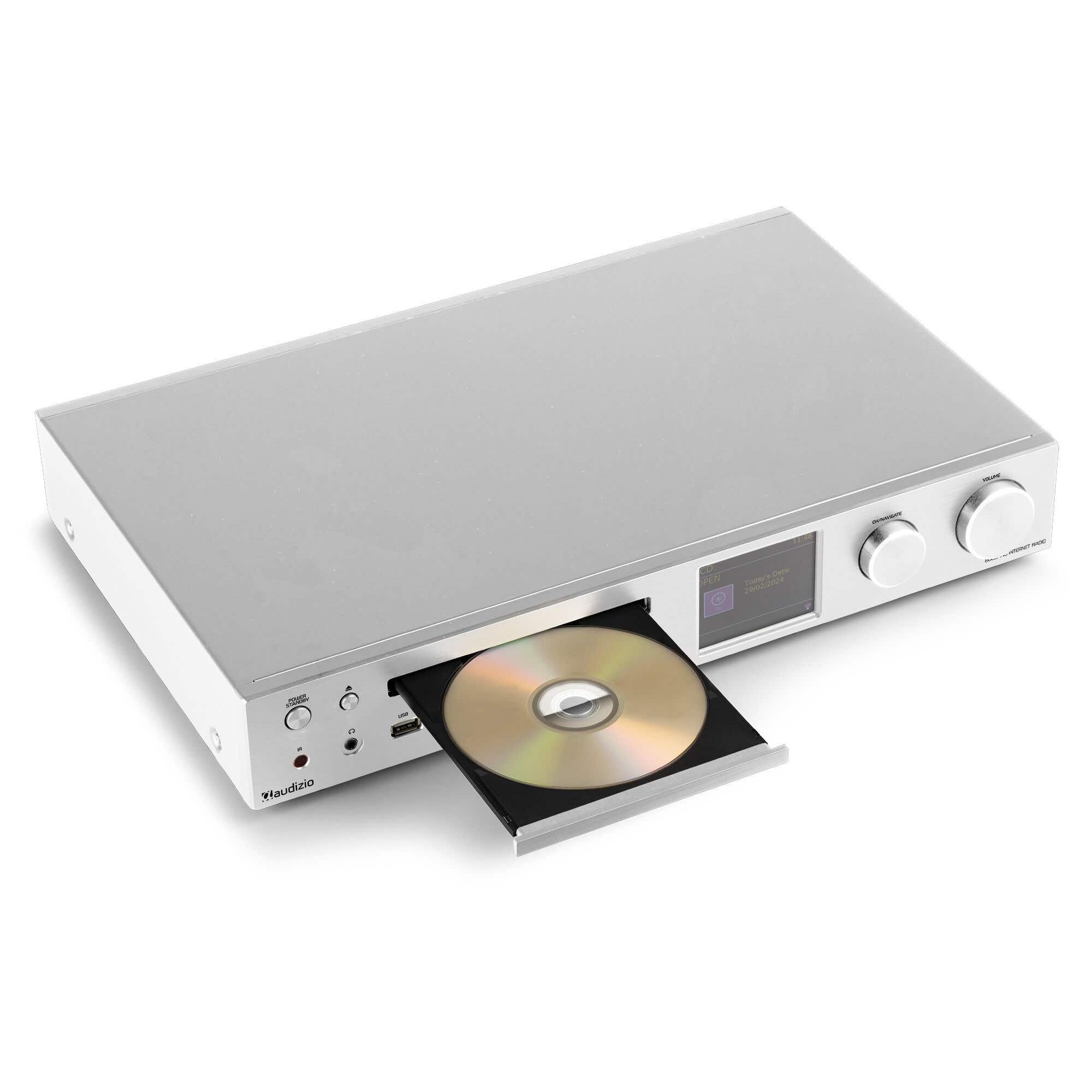 Audizio Bolzano, Internetradio WLAN, DAB Radio mit CD-Player, Spotify Player, Receiver 2x50 Watt, Bluetooth, Wecker, Fernbedienung, App-Steuerung, Toslink, Subwoofer-Anschluss, DAB+ FM, Silber