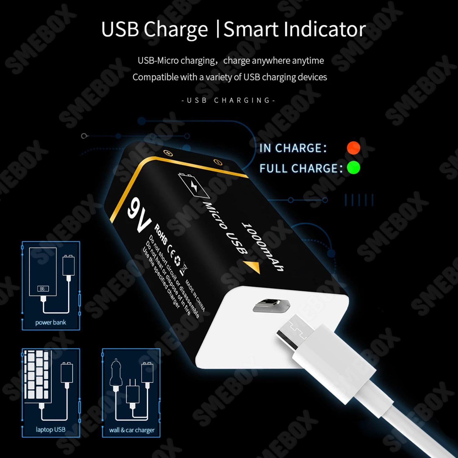 Baterías Recargables de 9V 1000mAh de Alta Capacidad Recarga USB con Cable para Detectores Humo, Multímetros, Control Remoto, Guitarra Eléctrica, Micrófono Inalámbrico (8 Piezas)