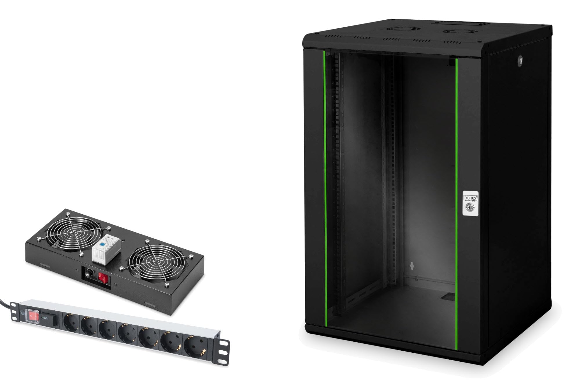 DIGITUS Set: Armoire réseau 19" 20U + Ventilateur de Toit + Bloc multiprise 7 Ports // Rack 19 Pouces - Montage Mural - 600mm de Profondeur - Charge 100kg - Profondeur utile 305-450 mm - Noir