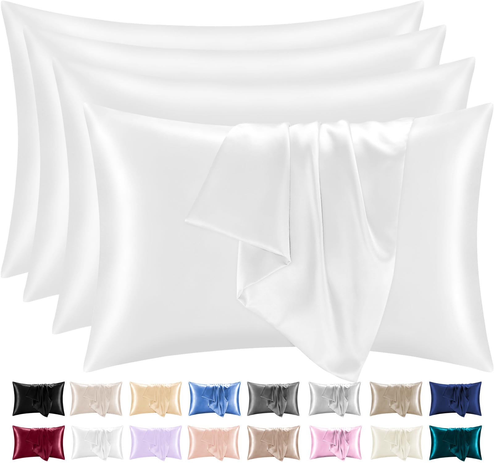 Lazzaro Home Feel The Difference 03 - White Lazzaro Satin Silk Pillowcases For Hair And Skin - Hypoallergenic Silk Pillow Cases 4 Pack With Envelope Closure - Ultrasoft Standard Size White Silk Pillowcases (50 X 75 Cm)