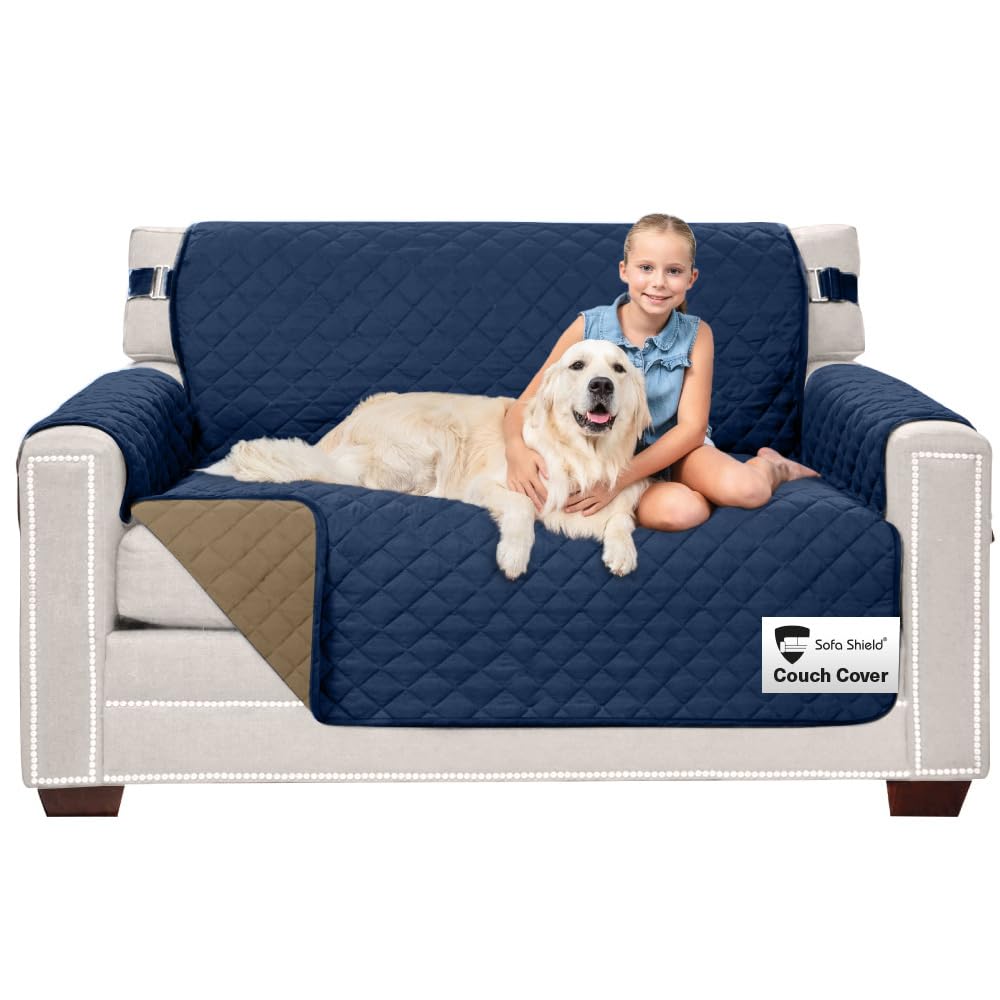 Sofa Shield Loveseat Slip Cover with Patented Strap, Cushion Protector, US Designed Reversible Stain and Dog Tear Resistant Slipcover, 54 inch Seat, Washable Covers for Dogs Pets, Navy Sand