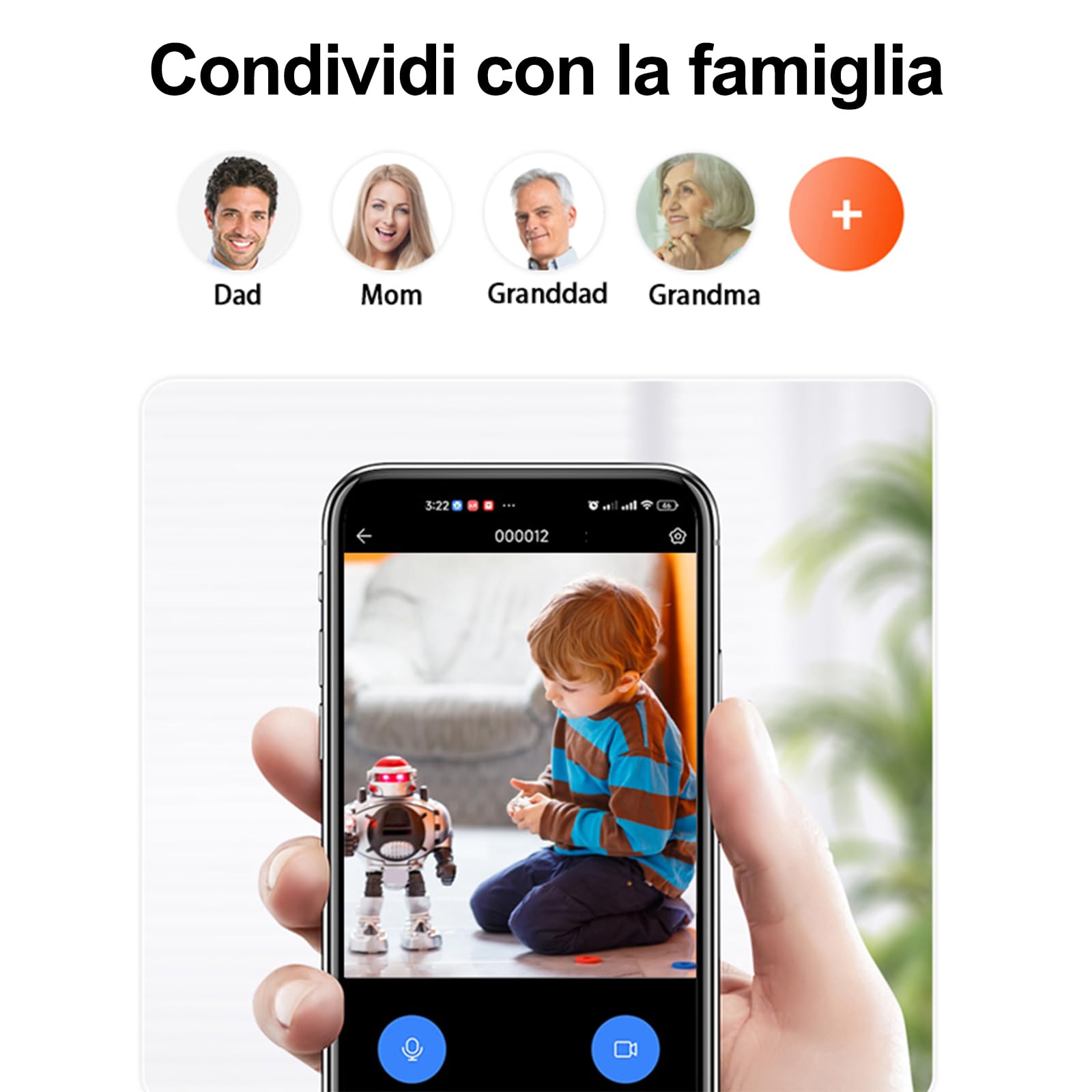 Telecamera WiFi interni, orientabile, videochiamate, videocamera intelligente, monitoraggio video per bambini, display HD da 2,8 pollici, con IR notturno