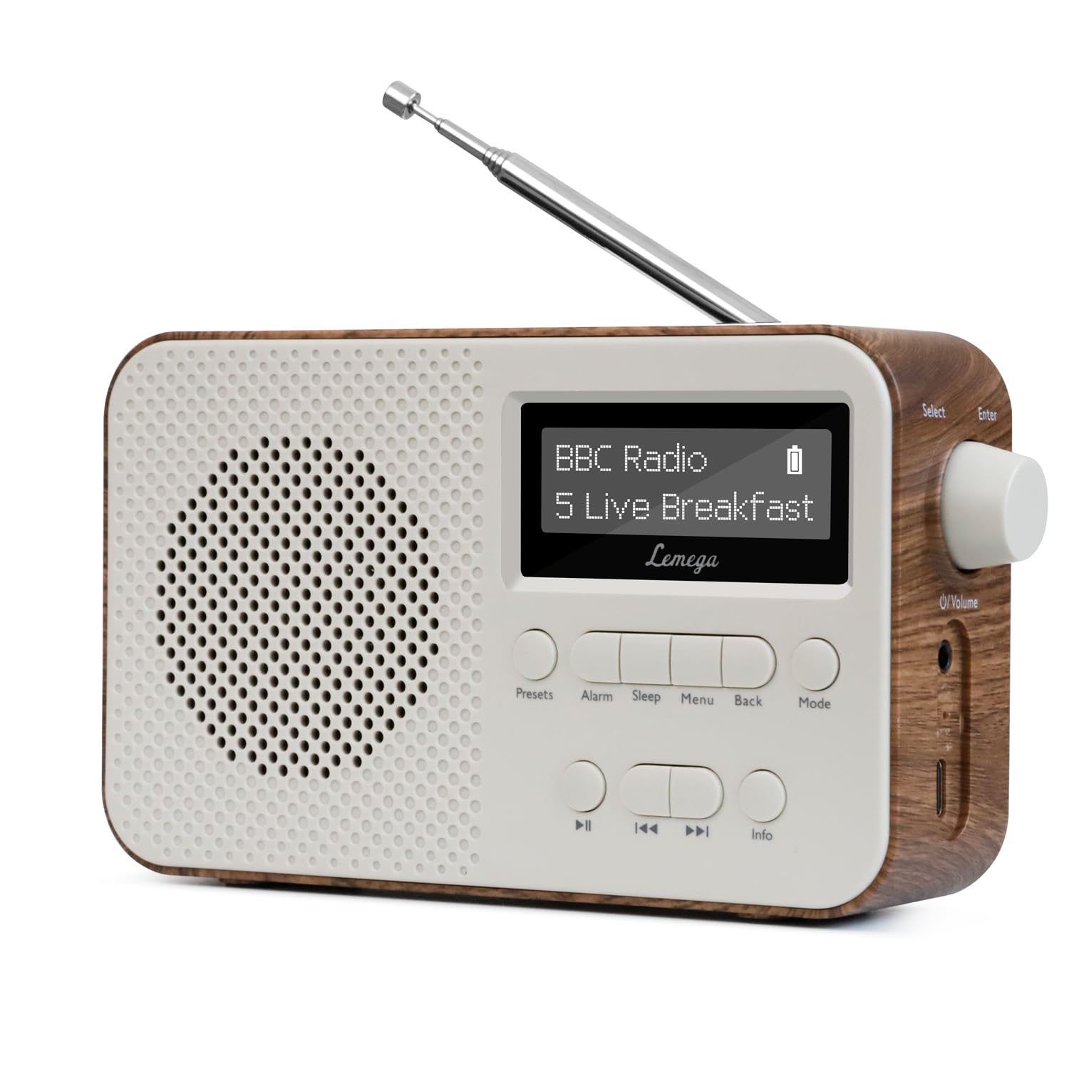 PR2-Max Radio numérique Dab Portable (Dab+,FM, Bluetooth 5.3,Batterie Rechargeable,Double Réveil,Snooze,40 Présélections,Minuterie de Mise en Veille,Petit) Idéale pour Cuisine ou Déplacement, Walnut