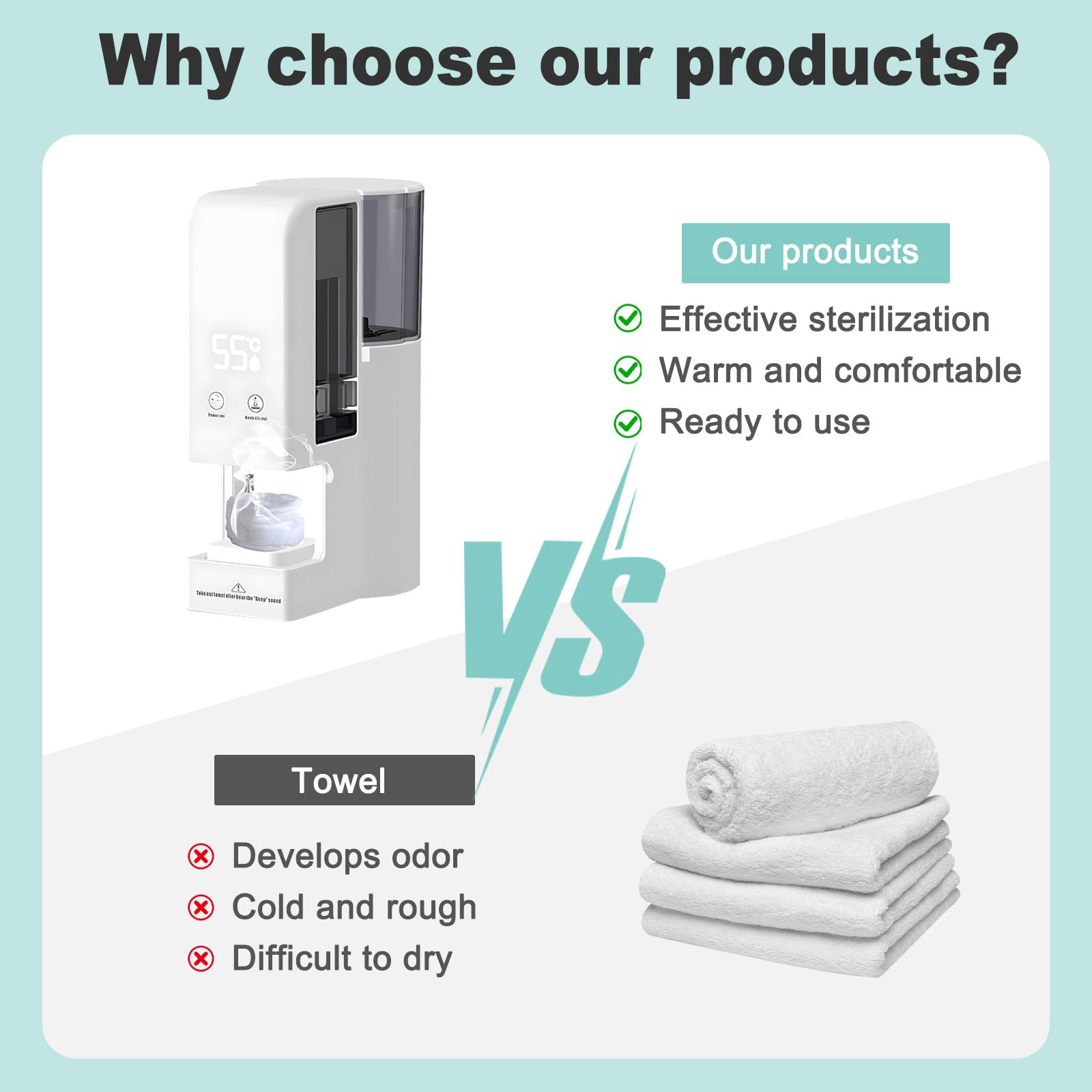 Scaldasalviette, dispenser di asciugamani caldi, riscaldamento rapido in 5 secondi, temperatura costante 55 °C, distribuzione uniforme del calore per viso e bagno, include 100 asciugamani