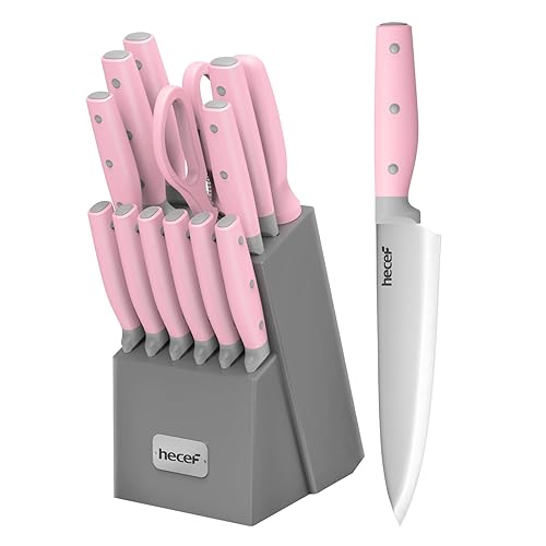 hecef 14 PCS Knife Set with Sharpener - Space-Saving Knife Block, Crafted from High Carbon Stainless Steel with a Comfortable Triple Riveted Handle (Pink) - Pink