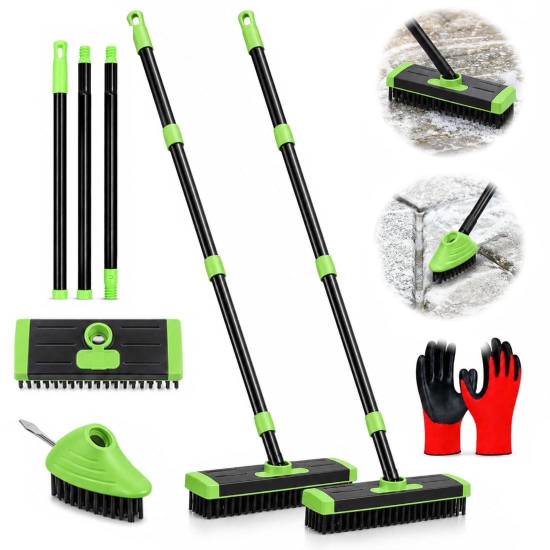 Set Desherbador Cepillo Alambre Rascador Escoba Dos Cabezales 4 en 1 Mango Telescópico Extensible Herramienta Manual Limpieza Baldosa Terraza Borde Jardín Acero Inoxidable (2PCS-Green)