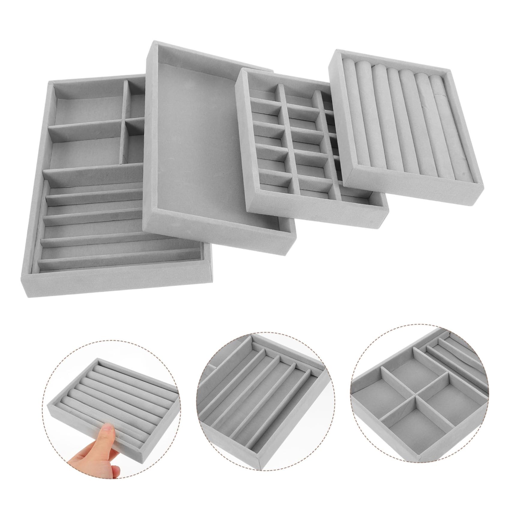 HEMOTON 4pièces Plateau Organisateur Bijoux Tiroir Présentoir Bagues Boucles d Oreilles Colliers Rangement Douce Et Résistant