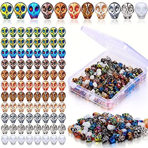200 Pieces Skull Beads Skeleton Crystal Glass Skull Bead Charm Colorful Glass Skull Beads with Storage Box Beads for Earring Bracelet Necklace Halloween Decorations Skull Jewelry Making